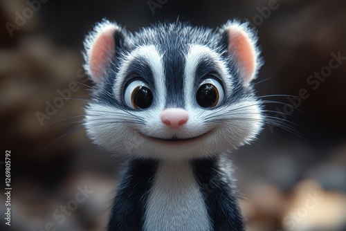 Cute cartoon animal with big eyes smiling in a forest setting during daytime