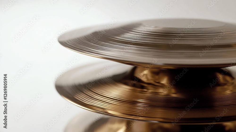Obraz premium Pair of shiny cymbals stacked and isolated against a white backdrop with a focus on their circular grooves