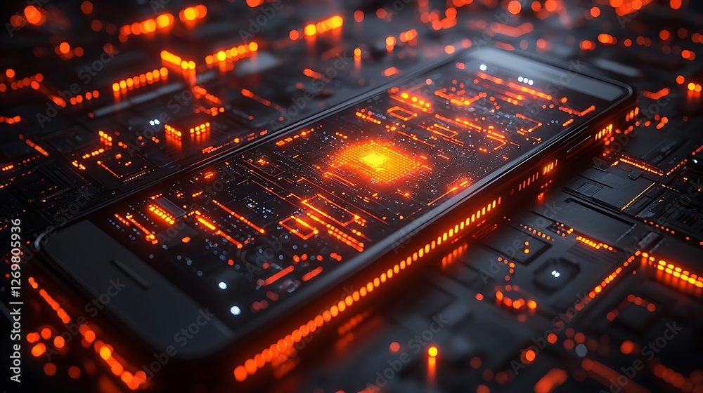 Closeup of a futuristic smartphone with an illuminated firewall of interconnected cyber bricks Closeup of a futuristic smartphone with an illuminated firewall of interconnected cyber bricks