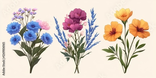 Cartoon Bouquet set various floral arrangements with amaranths, blue flax, and carnation blossoms.