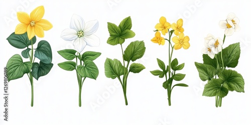 Cartoon Bouquet set various floral arrangements with white trilliums, xylosma, and yellow primroses blossoms. photo