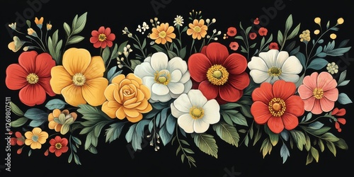 Wallpaper Mural Cartoon Bouquet set various floral arrangements with buttercups, hollyhocks, and dahlias blossoms. Torontodigital.ca