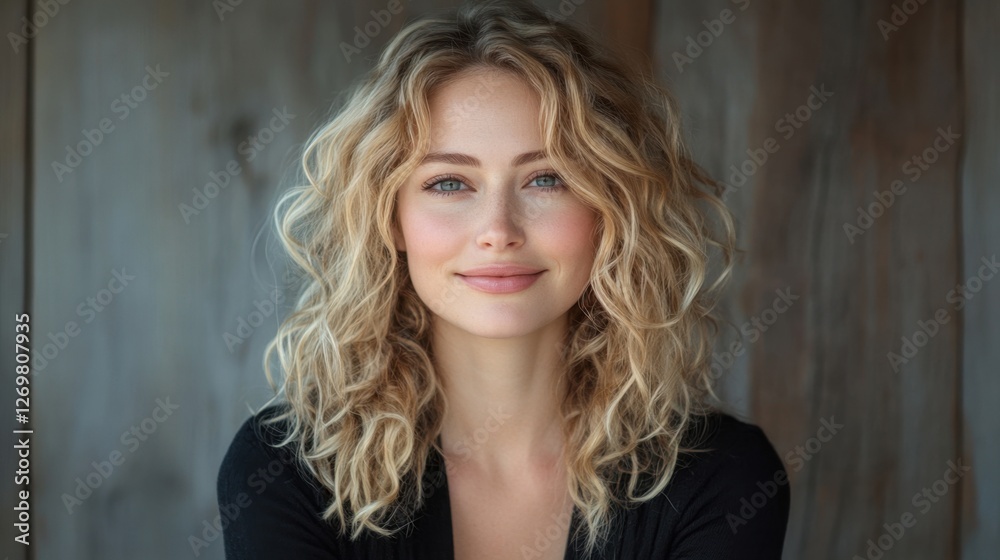 Fototapeta premium Smiling blonde woman with curly hair in studio