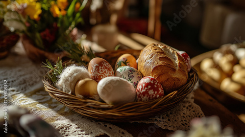 A close-up of a small święconka basket containing just a few Easter eggs, a piece of bread, and a symbolic lamb figurine.