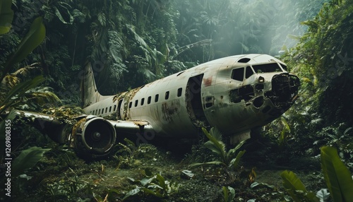 Airplane Wreckage Found Deep In The Jungle After Crash Landing. The Aircraft Has Crashed And Is Now Abandoned In The Wilderness. photo