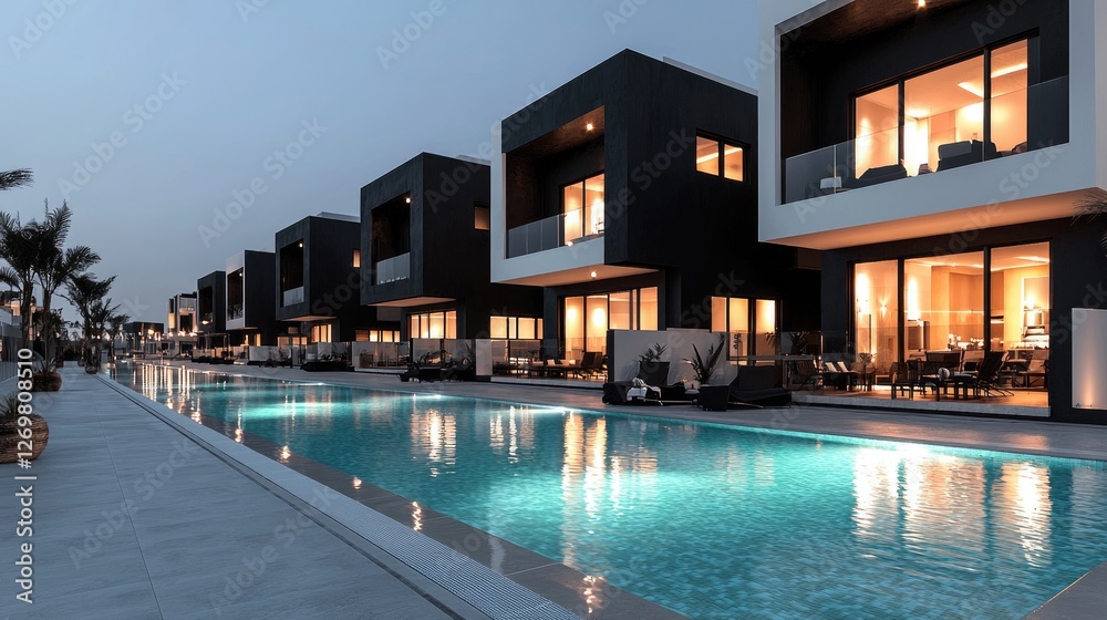 Obraz premium Modern villas, poolside evening, luxury resort
