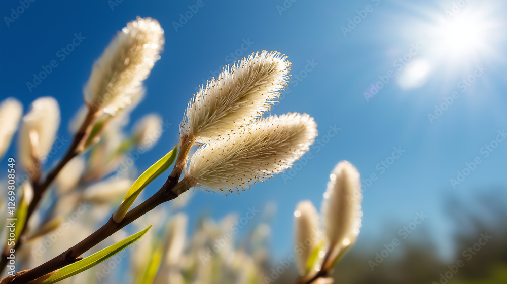 Fototapeta premium A close-up of a willow branch swaying in the wind against a bright blue sky, with space for text.