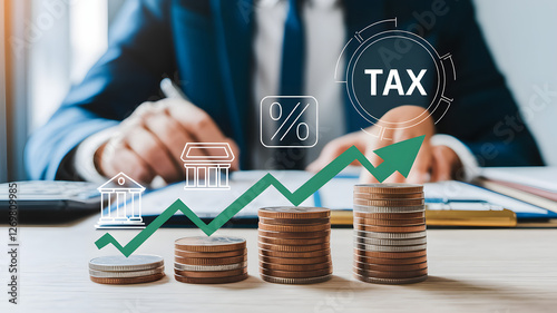Businessman Analyzing Taxes with Coins and Graph