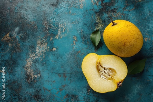 Organic quinces whole and halved on a rustic backdrop Healthy yellow Cydonia oblonga fruit