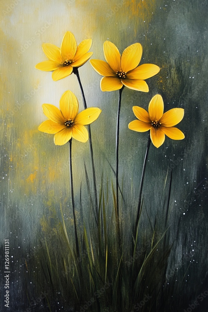 Obraz premium Delicate Yellow Wildflowers on Gray Background, Watercolor Floral Illustration With Tiny Stars