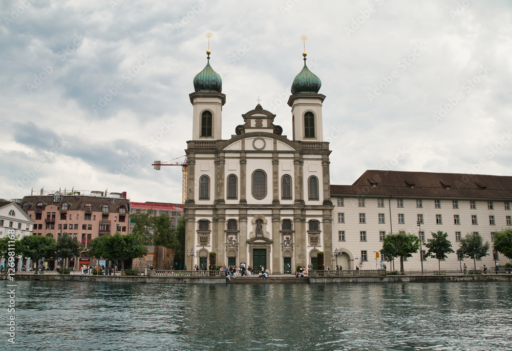 The Jesuit Church of St. Francis Xavier or Lucerne Jesuit Church of Lucerne with the Rees River is the first large baroque church built in Switzerland. The Jesuit Church of St. Francis Xavier or Lucerne Jesuit Church of Lucerne with the Rees River is the first large baroque church built in Switzerland.
