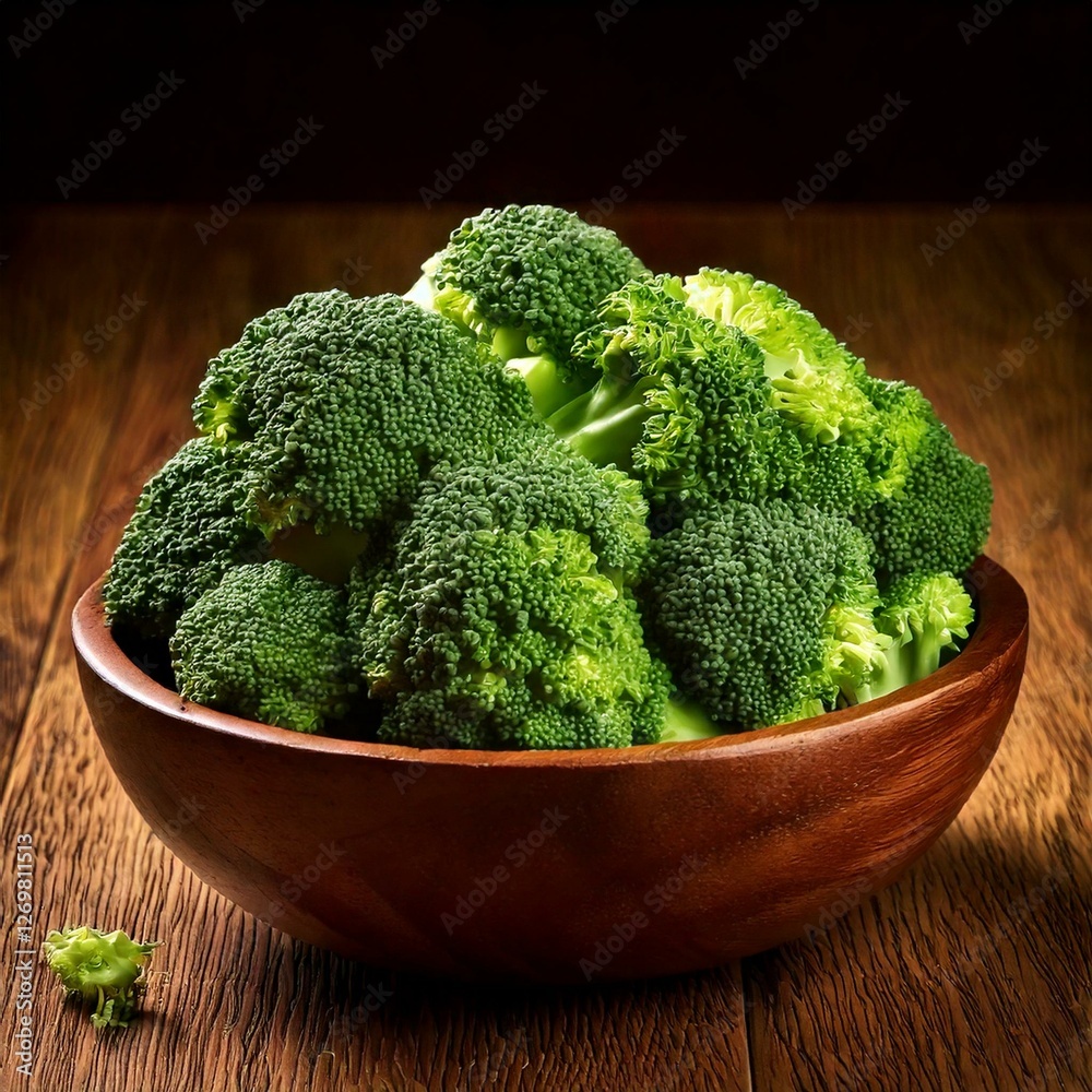 A bowl overflows with vibrant green broccoli florets, contrasted against a warm, two-toned bowl and rustic wooden background.