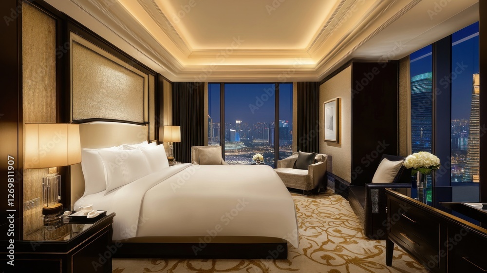 Fototapeta premium Luxury Hotel Suite with Stunning City View at Night and Elegant Interior