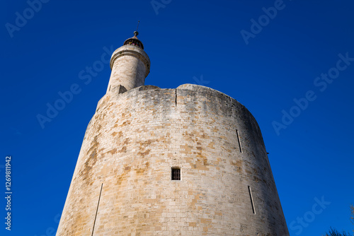 The Tower of the Burgundians in Aigues-Mortes in Europe, France, Occitanie, Gard, Aigues Mortes, in summer, on a sunny day.