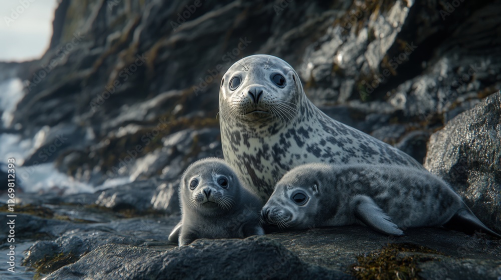 Fototapeta premium Group Of Seals Lounging On A Sunlit Beach