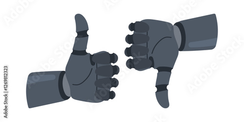 Futuristic vector robotic hands showing thumbs up and thumbs down gestures on white isolated background. Tech - inspired illustration in next generation technology style. For banners, stickers, icons.