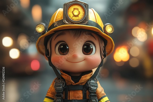 Cute animated character dressed as a miner with a helmet and lights in an underground setting, smiling happily
