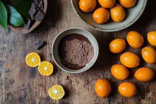 Raw chocolate cocoa and kumquat on wood