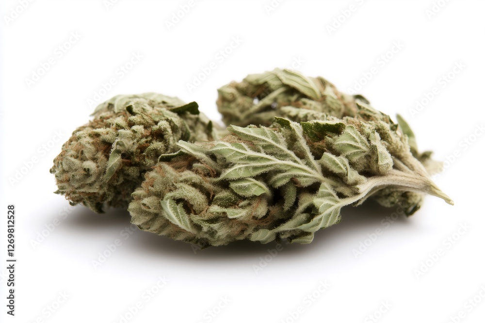 Macro detail capturing dense cannabis buds, revealing crystalline trichomes and textural complexity against stark white background