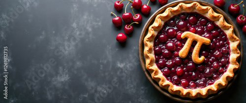 Pi Day cherry pie with a crusty Pi shaped cookie on top, standing on a blank black chalkboard surface with chalk marks and fresh cherries. March 14 Pi Day celebration theme. Banner, copy space