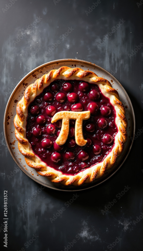 Fototapeta premium Pi Day cherry pie with a crusty Pi shaped cookie on top, standing on a blank black chalkboard surface with chalk marks. March 14 Pi Day celebration theme. Banner, copy space