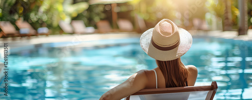 Entspannte Frau im Bikini mit Sonnenhut auf einer Sonnenliege am Wasser – Sommer, Urlaub, Luxus, Entspannung, Strand, Pool, Sonnenbaden