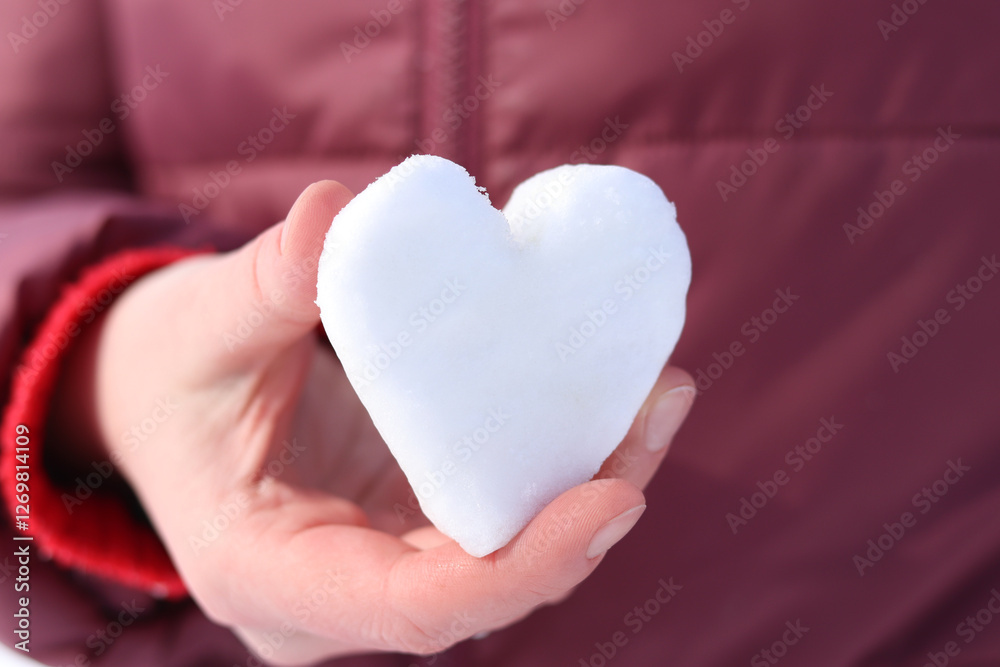 Fototapeta premium Woman's hand holds snow in the shape of a heart. Winter. Close-up of woman's hands holding clean snow. Girl holding a snowball. Spending time outdoors in winter. Symbol of love. Valentine's Day