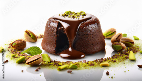 single lava cake with gooey chocolate center surrounded by chocolate curls and a sprinkle of crushed pistachios isolated on white