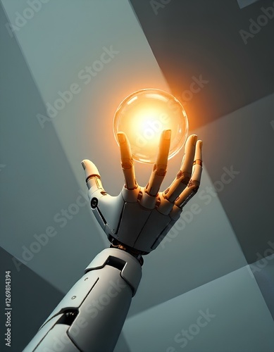 Abstract image, robot hand holding fireball, idea, science, electricity, future.