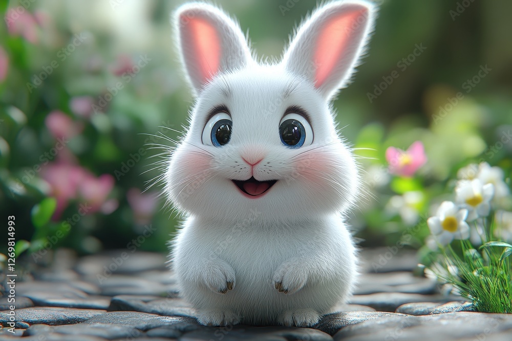Adorable animated white rabbit with big eyes plays in a colorful garden setting during a sunny day Adorable animated white rabbit with big eyes plays in a colorful garden setting during a sunny day