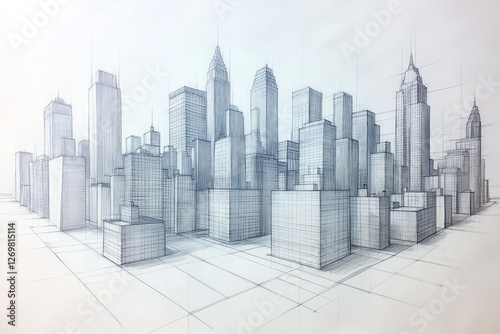 A 2-point perspective drawing of a cityscape, clean and technical