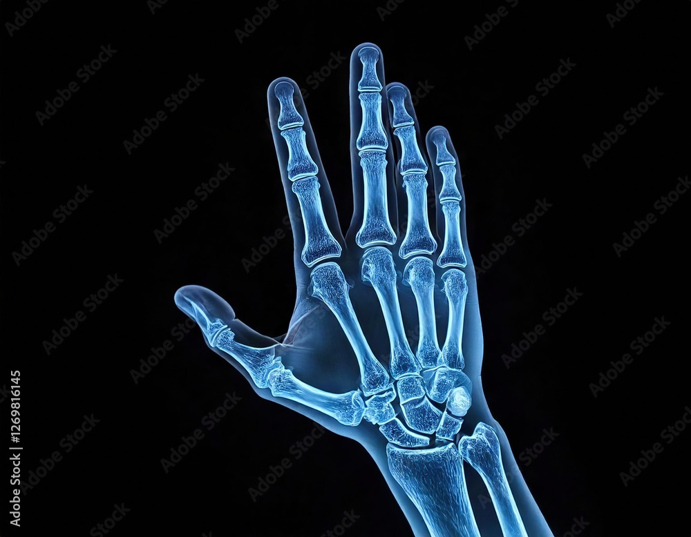 Naklejka premium Detailed x-ray of a human hand against a dark background showing bone structure