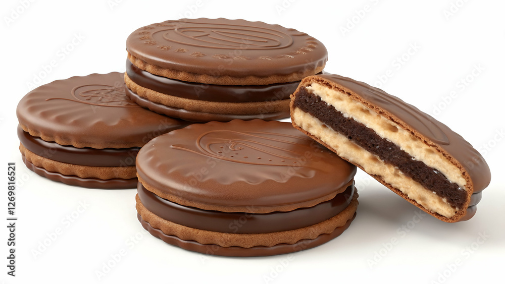 Sandwich chocolate cookies with a rich chocolate filling, presented as a 3D illustration for biscuit packaging. Sandwich chocolate cookies with a rich chocolate filling, presented as a 3D illustration for biscuit packaging.