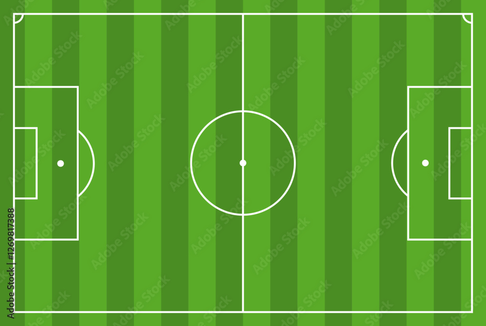 soccer field with green grass with stripes, top view, minimalistic football stadium soccer field with green grass with stripes, top view, minimalistic football stadium