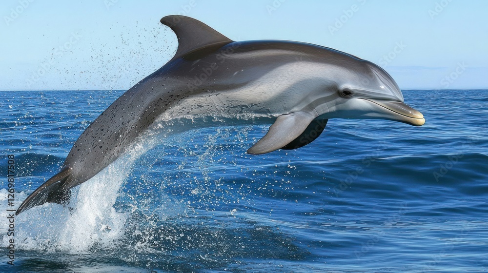 Fototapeta premium A Striped Dolphin Leaps Gracefully Through Ocean Waves
