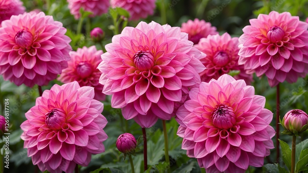 Pink dahlia flowers closeup with a flower garden outdoor background Pink dahlia flowers closeup with a flower garden outdoor background