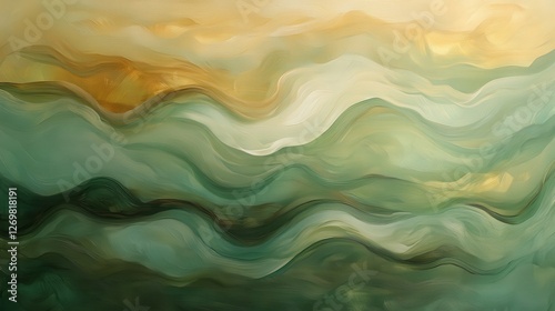 Abstract Green Gold Wave Painting Landscape Art