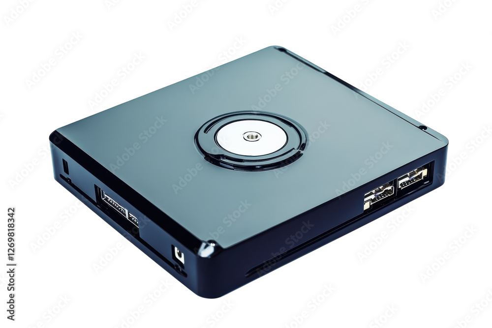 Sleek external hard drive resting on a smooth surface under bright lighting isolated on transparent background Sleek external hard drive resting on a smooth surface under bright lighting isolated on transparent background