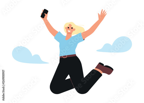 A happy young woman with a phone in her hands jumps. Active jumping posture, movement. The character is isolated on a white background