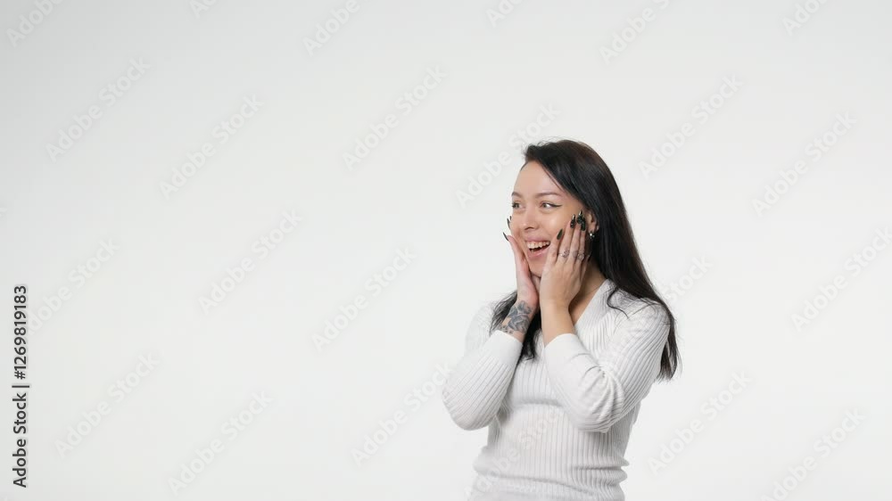 Excited woman casual holding hand shocked surprised sale product with copy space over white background. Cheerful young girl emotion amazed screaming wow something on isolated. Shopping online. Excited woman casual holding hand shocked surprised sale product with copy space over white background. Cheerful young girl emotion amazed screaming wow something on isolated. Shopping online.