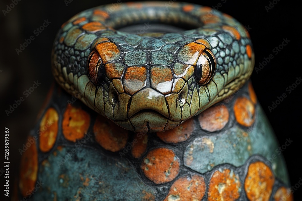 Detailed close-up of a colorful snake resting on a textured surface in a natural habitat during daylight hours Detailed close-up of a colorful snake resting on a textured surface in a natural habitat during daylight hours