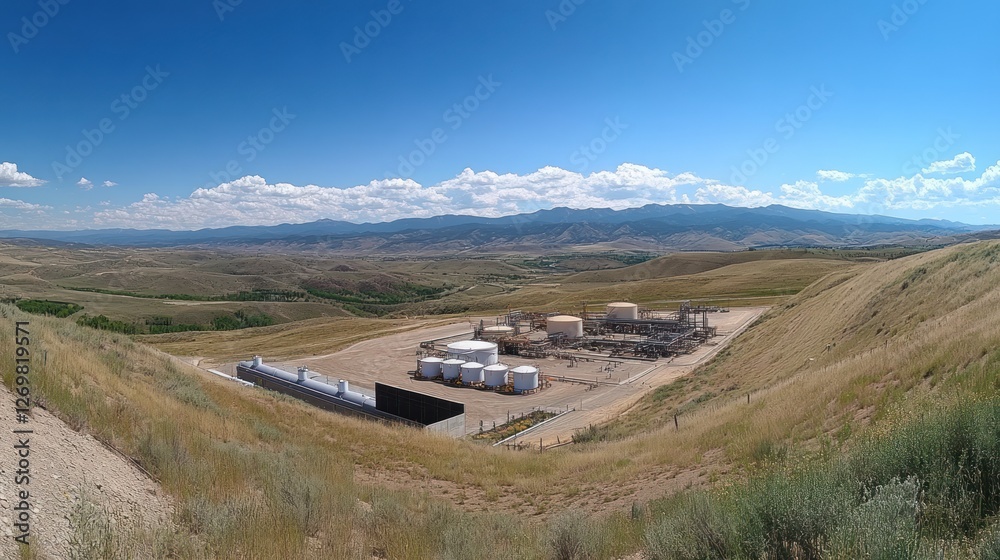 Remote Oil Facility Amidst Rolling Hills and Mountains Remote Oil Facility Amidst Rolling Hills and Mountains