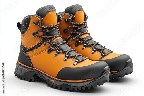 New hiking boots in vibrant orange and black design suitable for outdoor adventures and rugged terrains photo