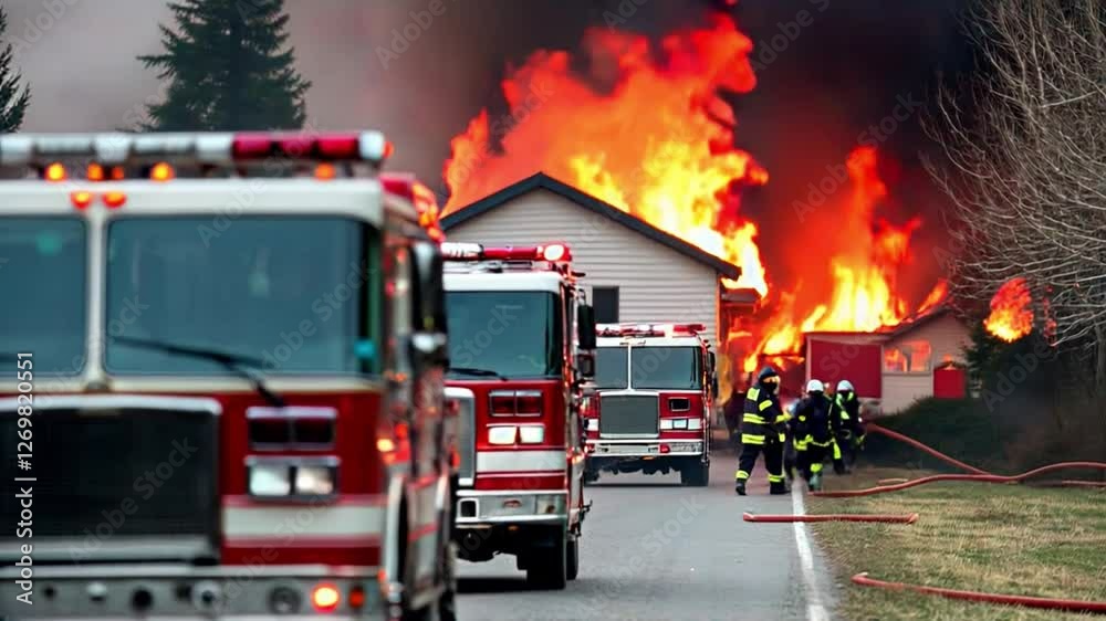 Firefighters Battle Large Blaze with Emergency Trucks Responding to House Fire and Smoke Rising in Background