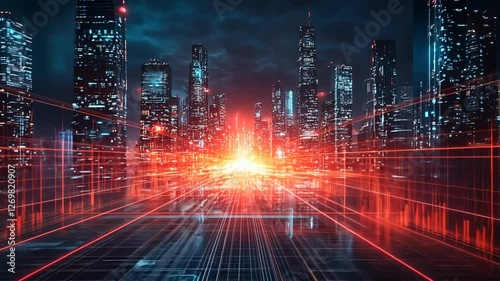 Futuristic city highway, red light trails, nighttime