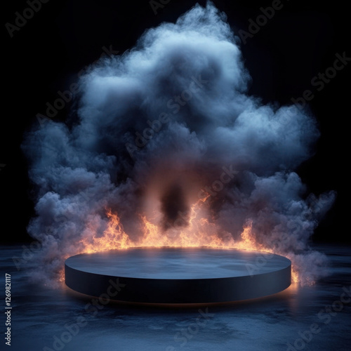 Wallpaper Mural A 3D render of a black podium with dramatic scene of fire and smoke rising
 Torontodigital.ca