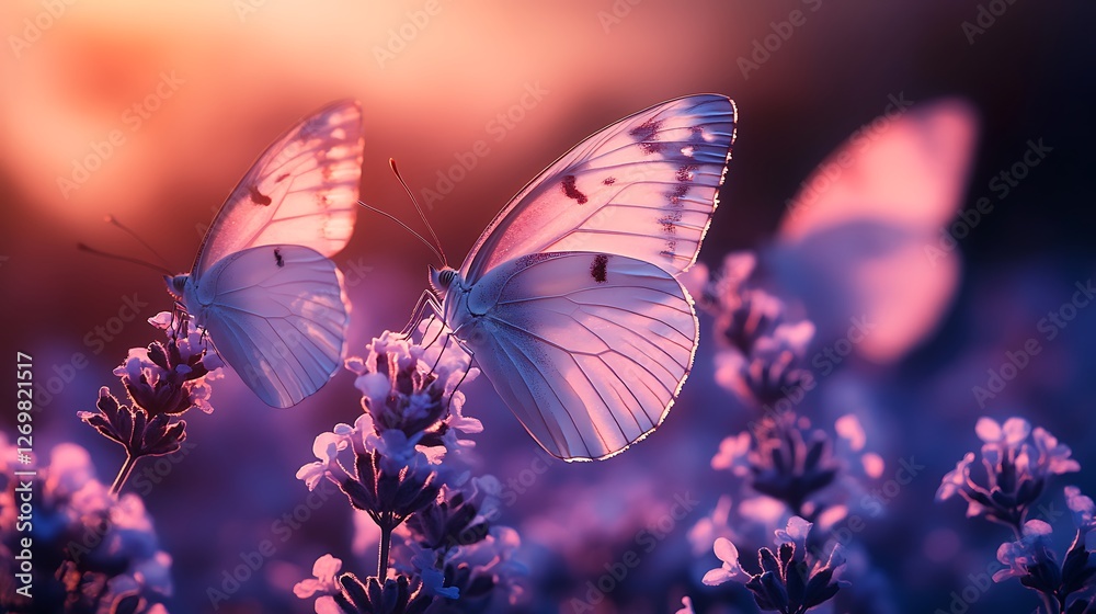 Naklejka premium Artistic watercolor butterflies fluttering gracefully against a dreamy purple outdoor setting