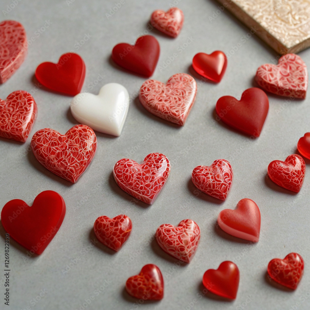 Obraz premium The image shows a row of red heart-shaped ornaments, some of which have decorative patterns set against a textured background.