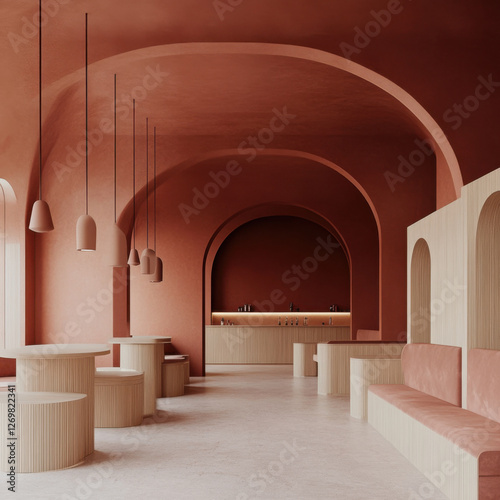 Minimalist spa lounge interior, terracotta backdrop