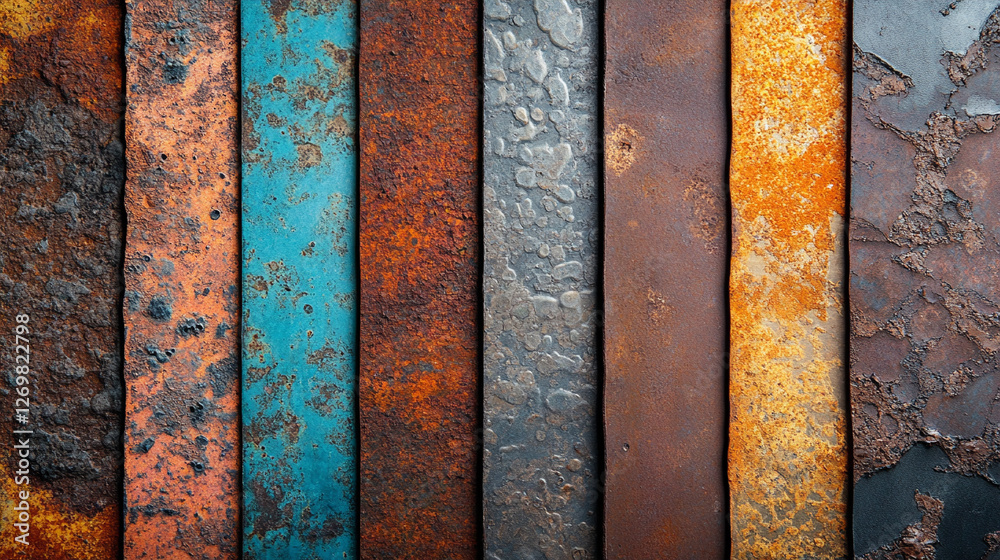 arious metal textures with rust and patina arranged vertically, highlighting a spectrum of colors and corrosion patterns, symbolizing the passage of time and natural decay arious metal textures with rust and patina arranged vertically, highlighting a spectrum of colors and corrosion patterns, symbolizing the passage of time and natural decay